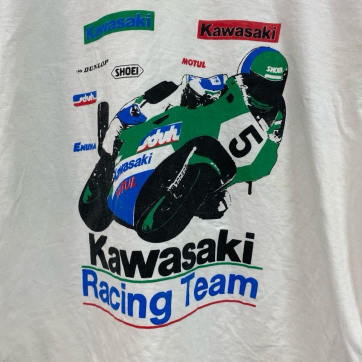 古着 used 　半袖プリントTシャツ　Kawasaki　カワサキ　リンガーT　レーシング　レトロデザイン　クルーネック