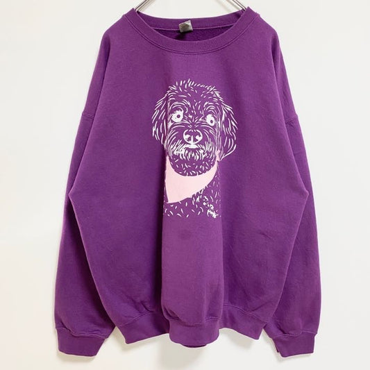 古着 used　GILDAN ギルダン　長袖アニマルプリントスウェット　トレーナー　犬　紫　レトロデザイン　XLサイズ