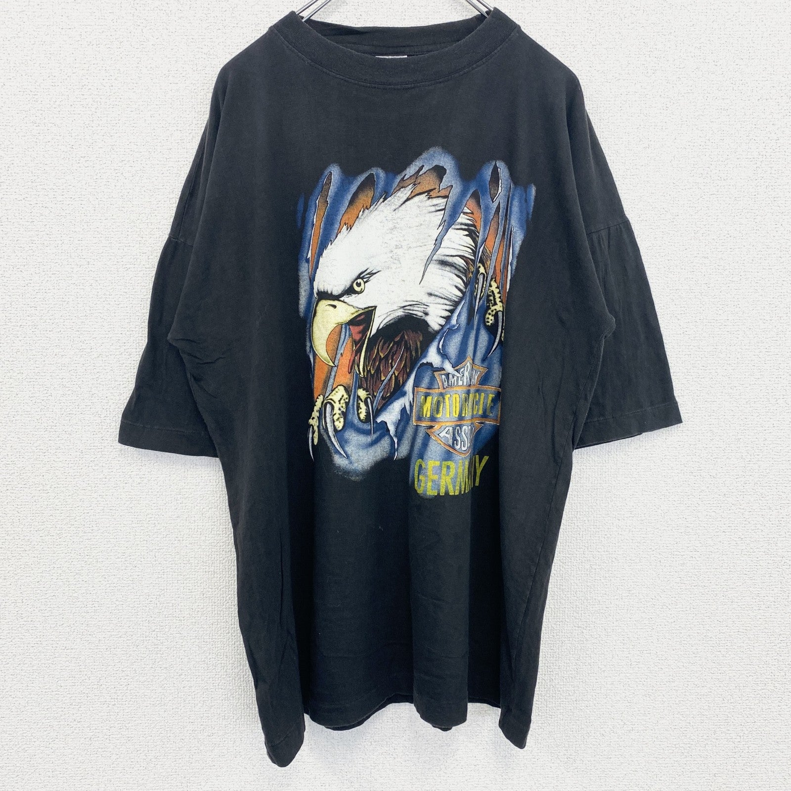 古着 used　半袖アニマルプリントTシャツ　レトロ　クルーネック　シングルステッチ　鷹　イーグル　黒　ブラック　XLサイズ