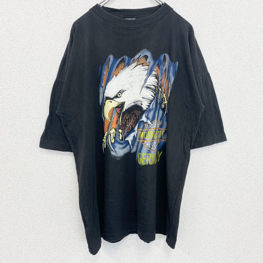 古着 used　半袖アニマルプリントTシャツ　レトロ　クルーネック　シングルステッチ　鷹　イーグル　黒　ブラック　XLサイズ