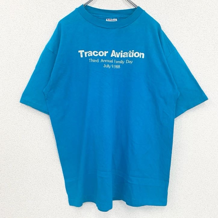 古着 used　Hanes　半袖プリントTシャツ　シングルステッチ　レトロ　クルーネック　ヴィンテージ　青　ブルー　XLサイズ