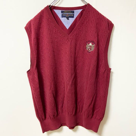 古着 used　TOMMY HILFIGER トミーヒルフィガー　Vネックニットベスト　コットン　ケーブル編み　レッド　XLサイズ