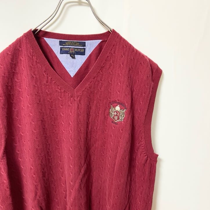 古着 used　TOMMY HILFIGER トミーヒルフィガー　Vネックニットベスト　コットン　ケーブル編み　レッド　XLサイズ