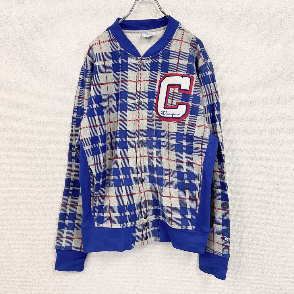 Champion　チャンピオン　リバースウィーブ　スウェットカーディガン　スタジャン　チェック柄　グレー　Lサイズ