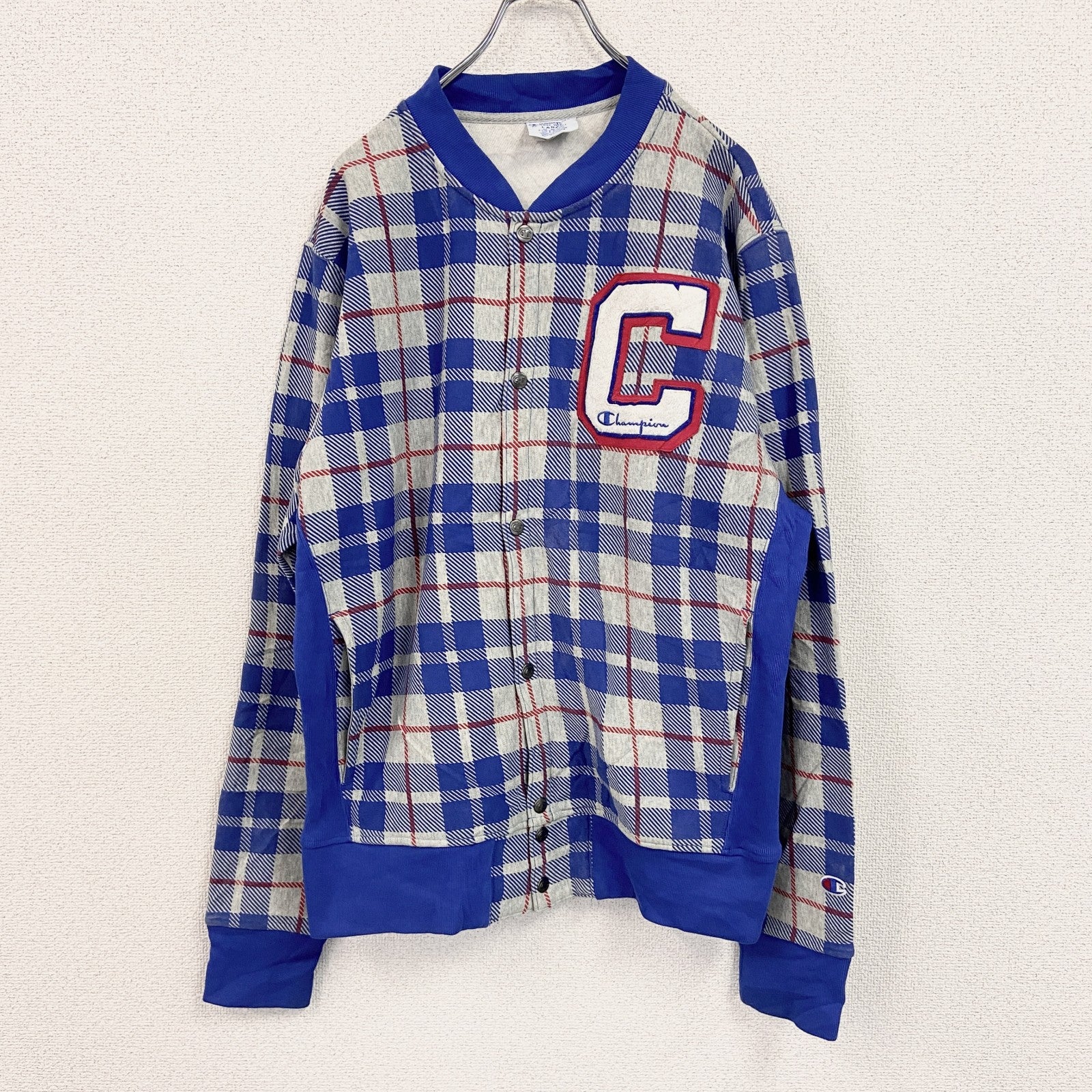 Champion　チャンピオン　リバースウィーブ　スウェットカーディガン　スタジャン　チェック柄　グレー　Lサイズ