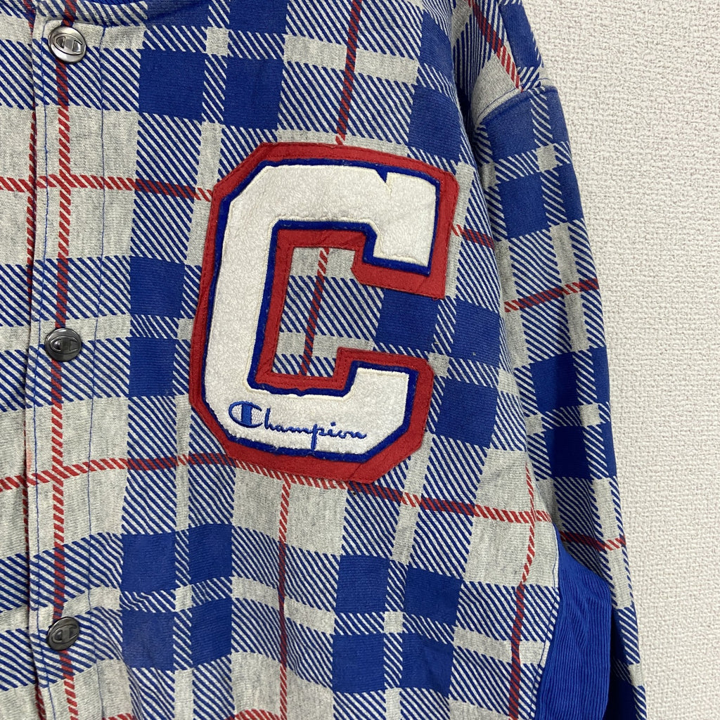 Champion　チャンピオン　リバースウィーブ　スウェットカーディガン　スタジャン　チェック柄　グレー　Lサイズ