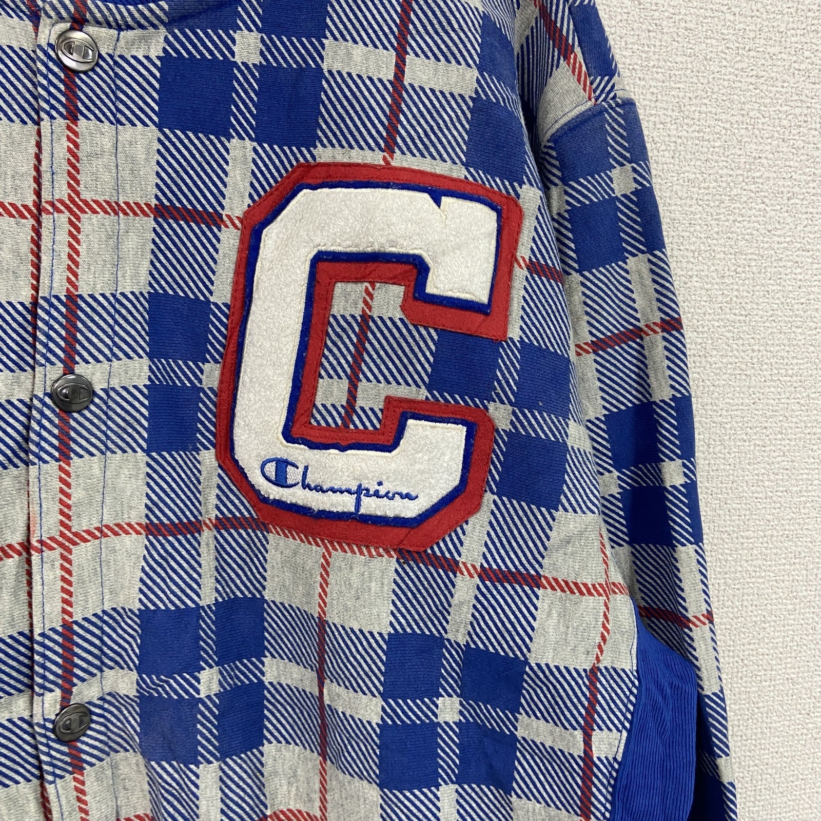 Champion　チャンピオン　リバースウィーブ　スウェットカーディガン　スタジャン　チェック柄　グレー　Lサイズ