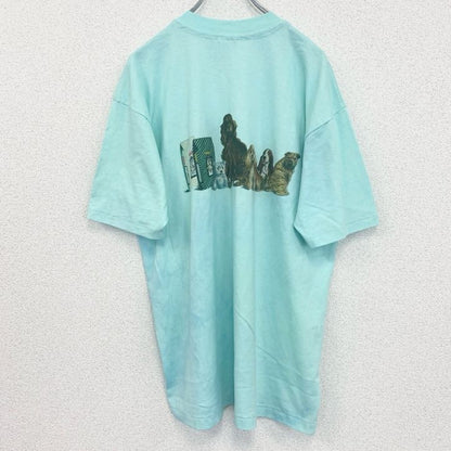 古着 used　Hanes　半袖プリントTシャツ　犬　アニマル　シングルステッチ　レトロ　クルーネック　ライトブルー　XLサイズ