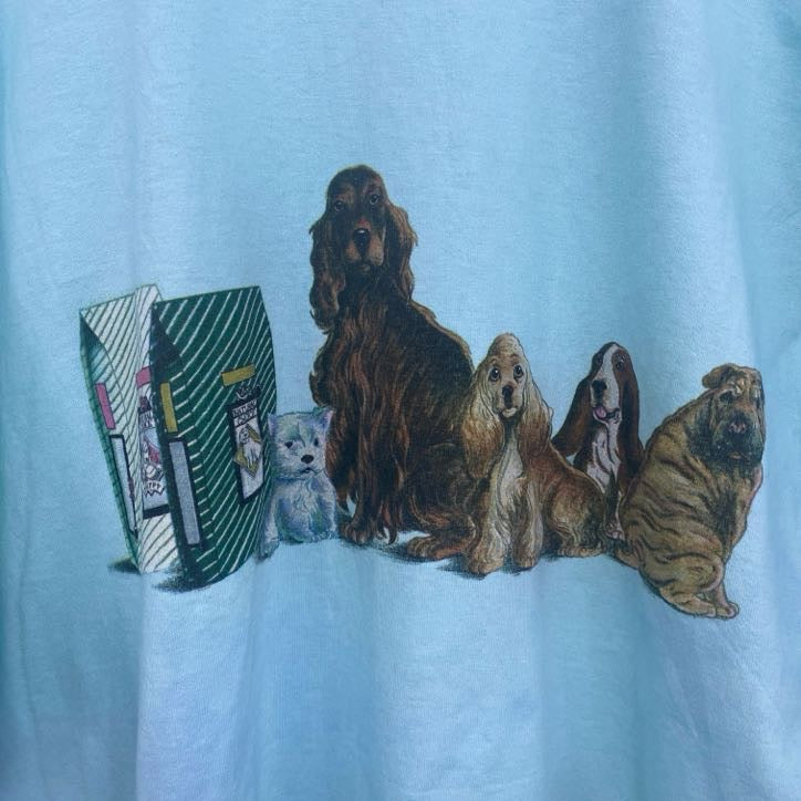 古着 used　Hanes　半袖プリントTシャツ　犬　アニマル　シングルステッチ　レトロ　クルーネック　ライトブルー　XLサイズ