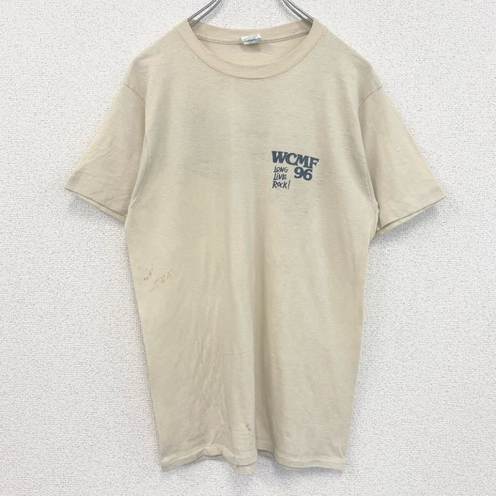 古着 used　半袖バックプリントTシャツ　シングルステッチ　レトロ　クルーネック　ヴィンテージ　90s　ベージュ　Lサイズ