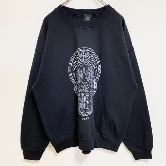 古着 used　OBEY　オベイ　長袖クルーネックプリントスウェット　トレーナー　ドクロ　スカル　y2k　黒　ブラック　Lサイズ