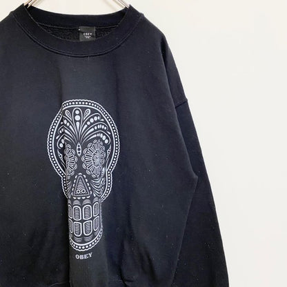 古着 used　OBEY　オベイ　長袖クルーネックプリントスウェット　トレーナー　ドクロ　スカル　y2k　黒　ブラック　Lサイズ