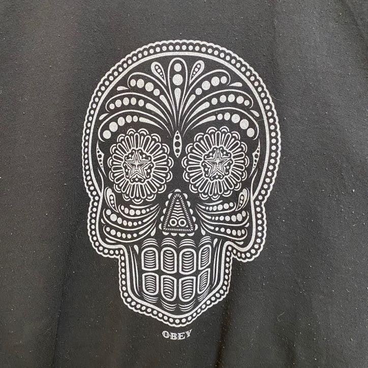 古着 used　OBEY　オベイ　長袖クルーネックプリントスウェット　トレーナー　ドクロ　スカル　y2k　黒　ブラック　Lサイズ