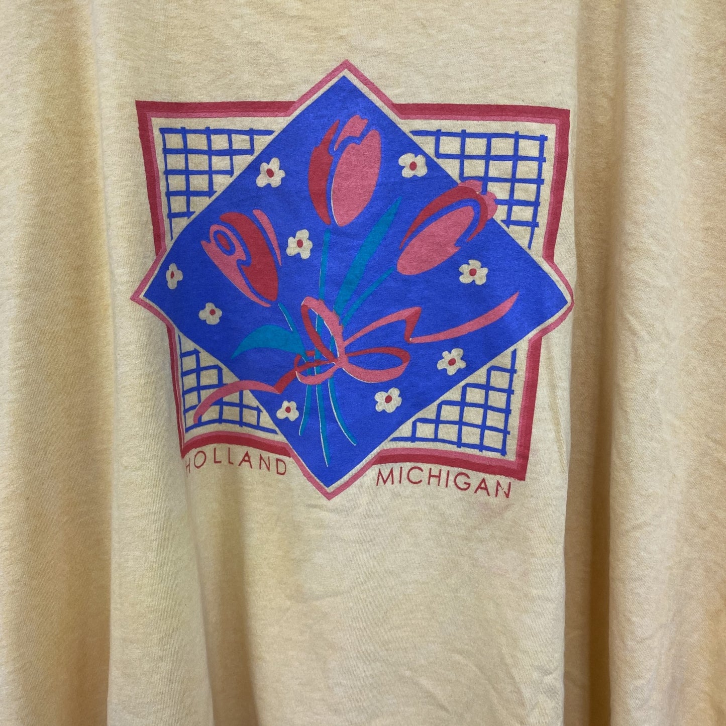 古着 used　anvil　半袖プリントTシャツ　チューリップ　シングルステッチ　90s　レトロ　黄色　クルーネック　2XLサイズ