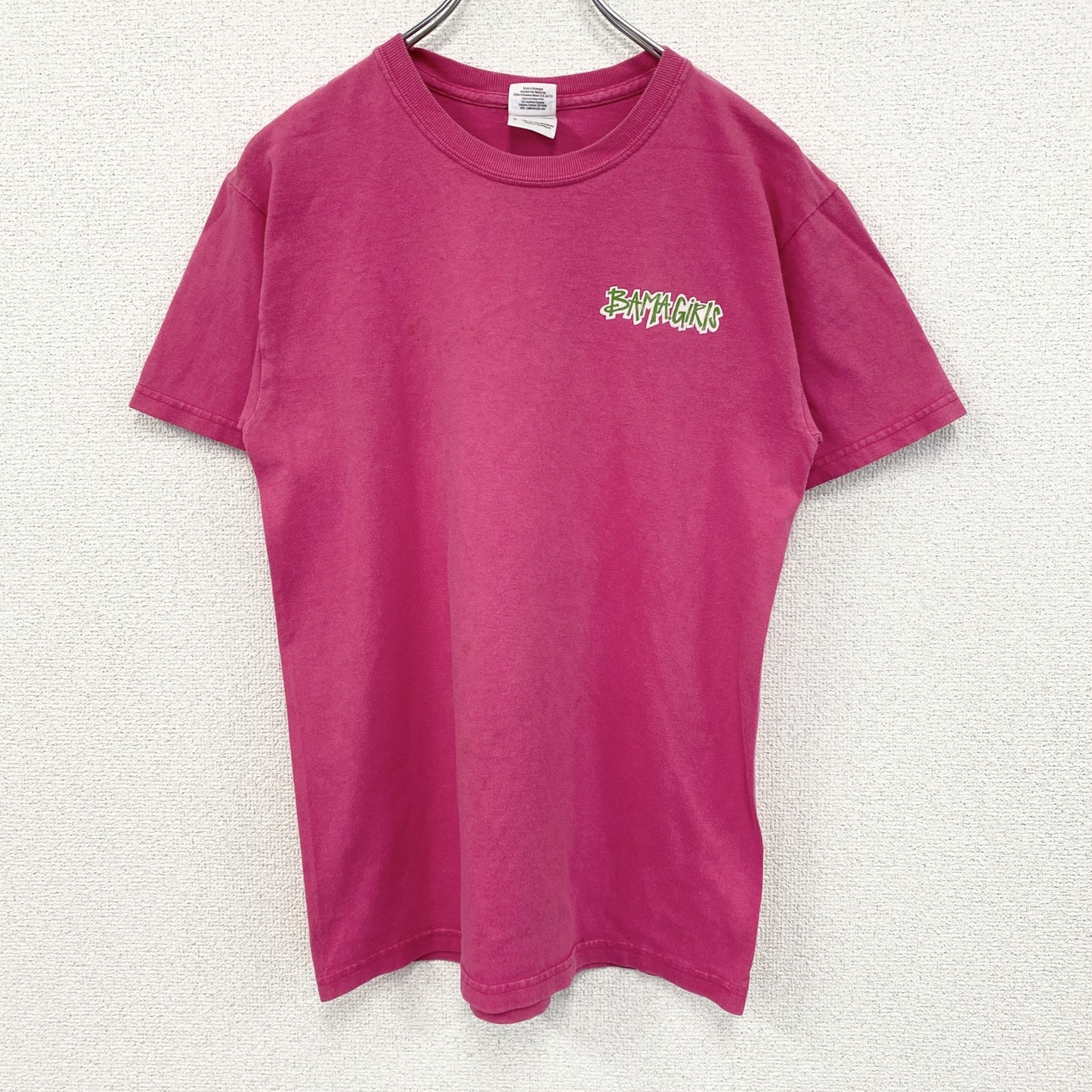 古着 used　GILDAN ギルダン　半袖プリントTシャツ　BAMA　レトロ　カジュアル　ピンク　クルーネック　Sサイズ