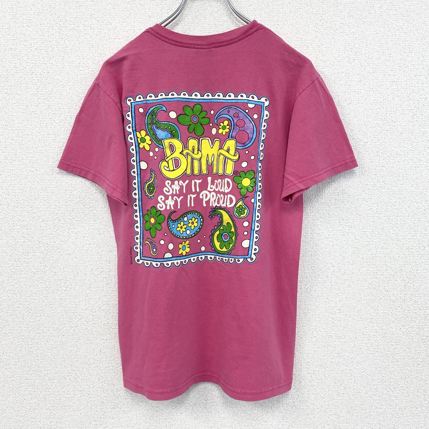 古着 used　GILDAN ギルダン　半袖プリントTシャツ　BAMA　レトロ　カジュアル　ピンク　クルーネック　Sサイズ