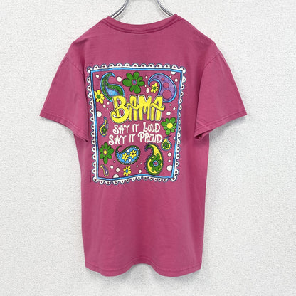古着 used　GILDAN ギルダン　半袖プリントTシャツ　BAMA　レトロ　カジュアル　ピンク　クルーネック　Sサイズ