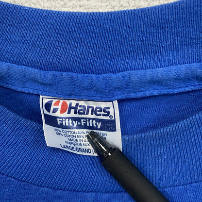 古着 used　Hanes ヘインズ　半袖プリントTシャツ　シングルステッチ　90s　カジュアル　青　クルーネック　Lサイズ