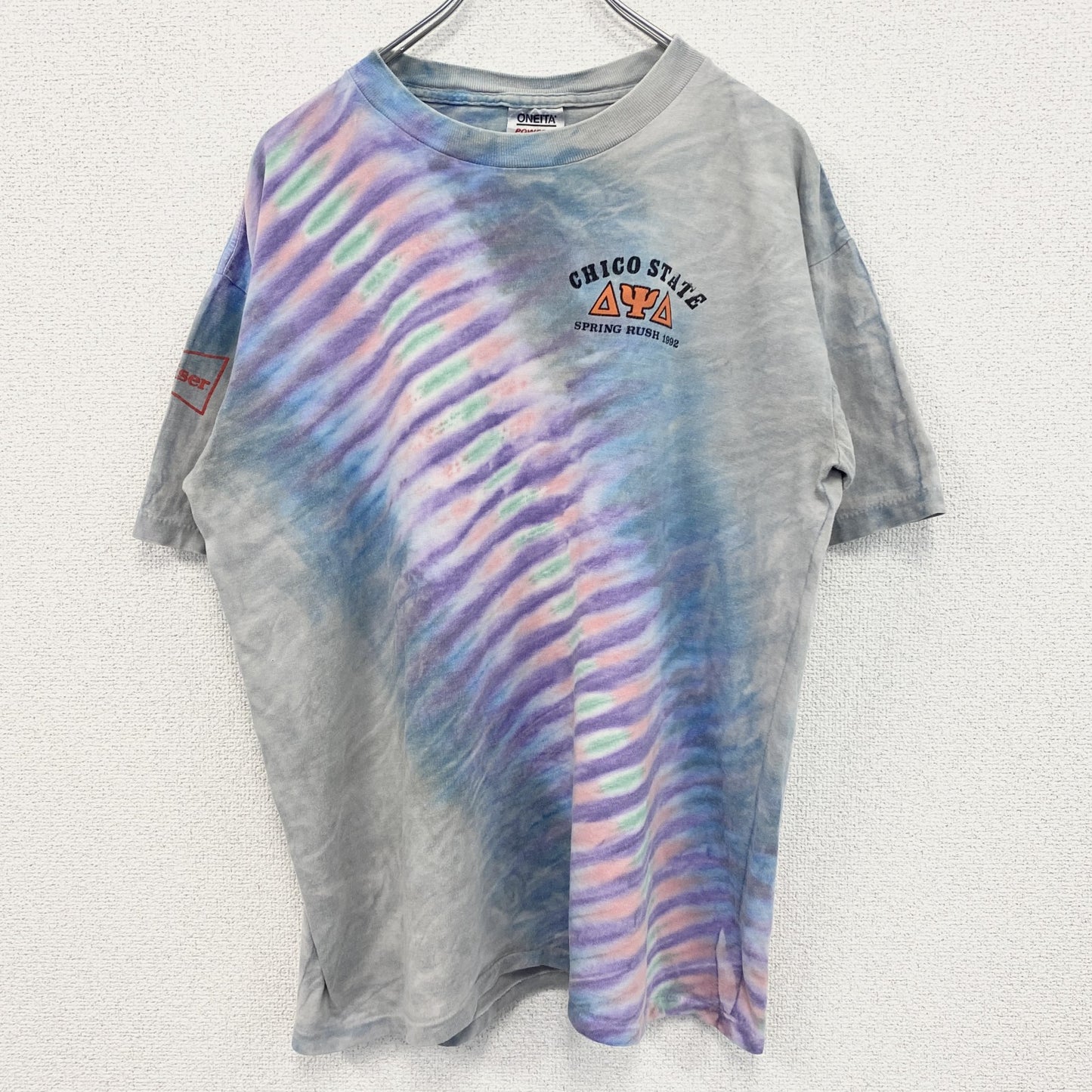 古着 used　ONEITA　半袖プリントTシャツ　90s　シングルステッチ　カジュアルデザイン　グレー　クルーネック　XLサイズ