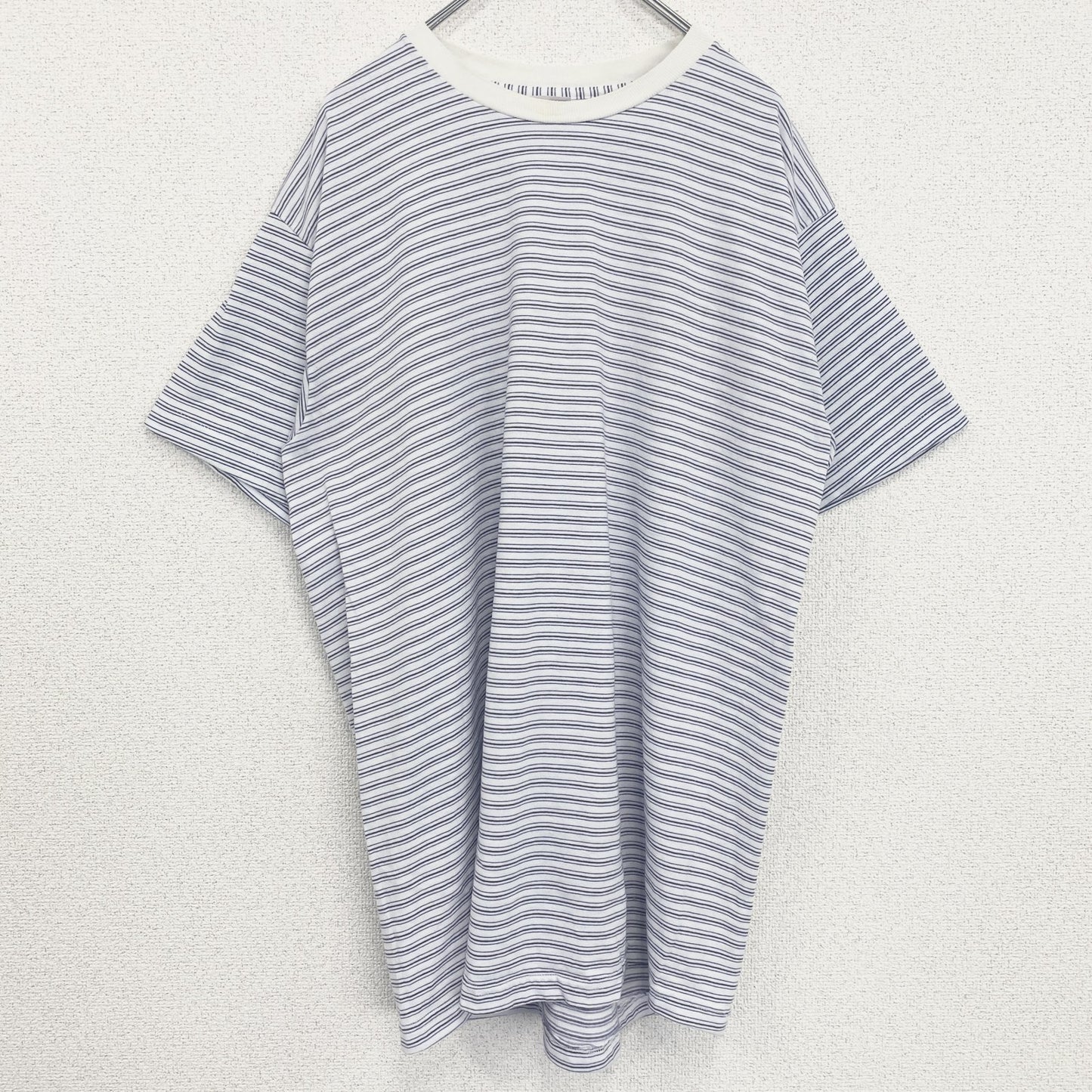 古着 used　半袖プリントTシャツ　シングルステッチ　クルーネック　ヴィンテージ　レトロ　ボーダー　青　ブルー　XLサイズ