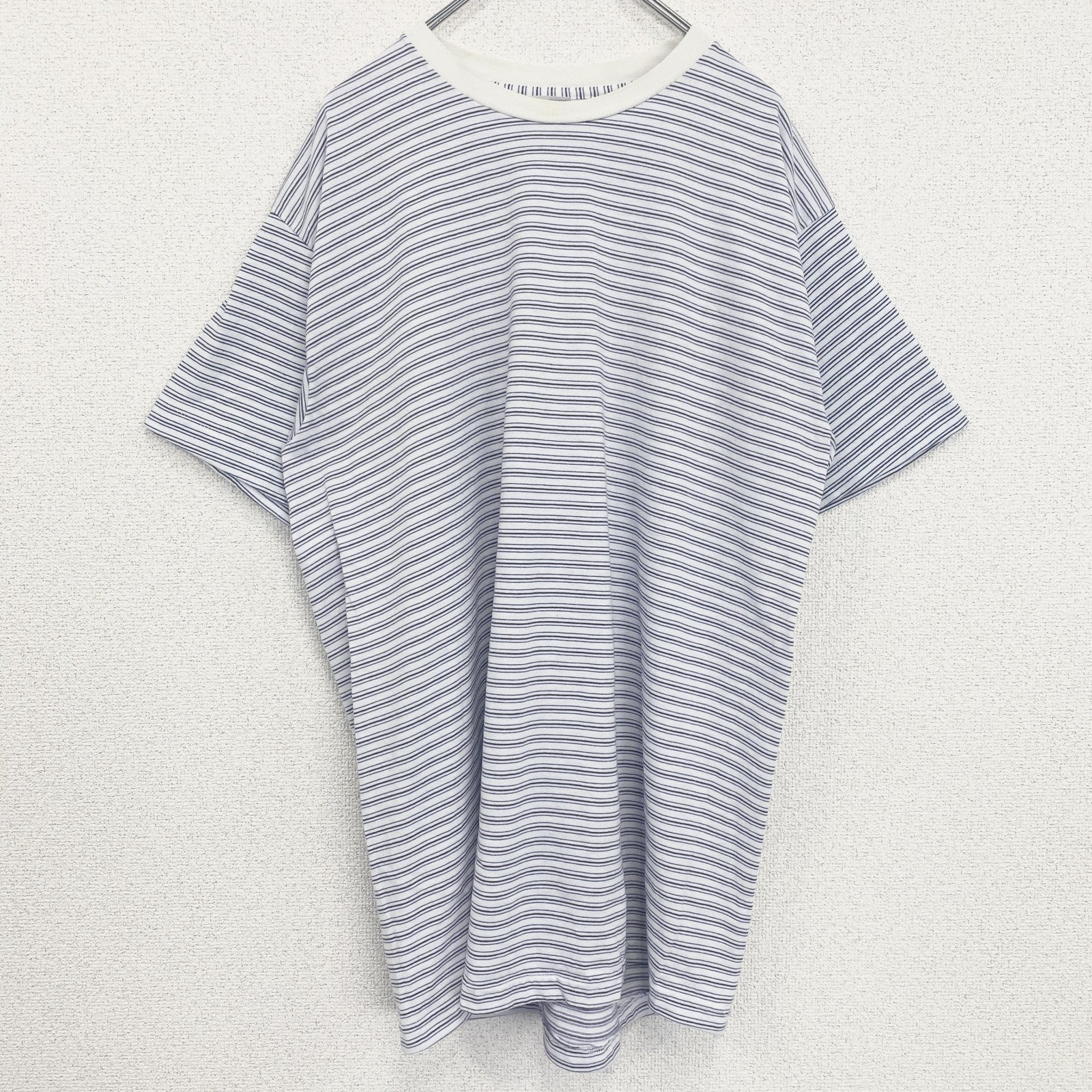 古着 used　半袖プリントTシャツ　シングルステッチ　クルーネック　ヴィンテージ　レトロ　ボーダー　青　ブルー　XLサイズ