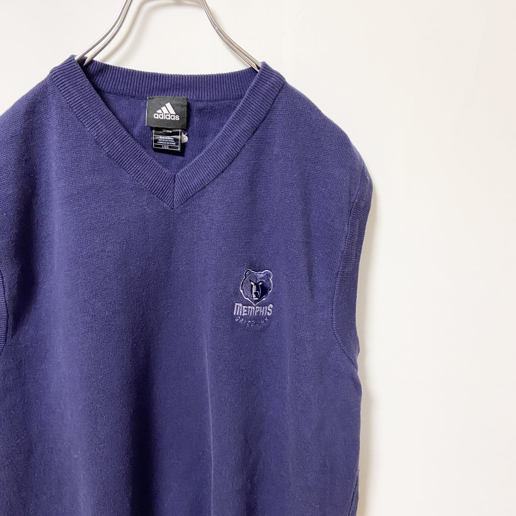 古着 used　adidas アディダス　NBA　グリズリーズ　ニットベスト　セーター　ワンポイントロゴ刺繍　ネイビー　Lサイズ
