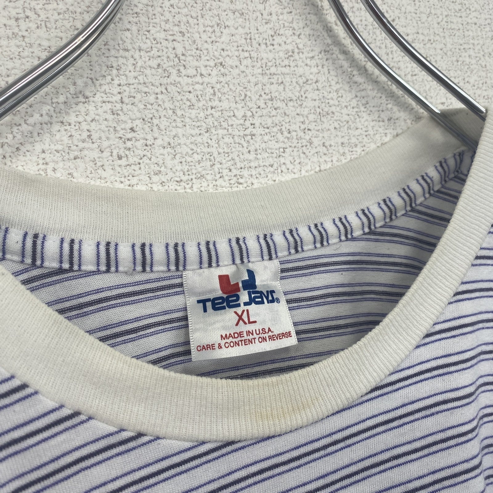 古着 used　半袖プリントTシャツ　シングルステッチ　クルーネック　ヴィンテージ　レトロ　ボーダー　青　ブルー　XLサイズ