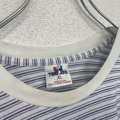 古着 used　半袖プリントTシャツ　シングルステッチ　クルーネック　ヴィンテージ　レトロ　ボーダー　青　ブルー　XLサイズ