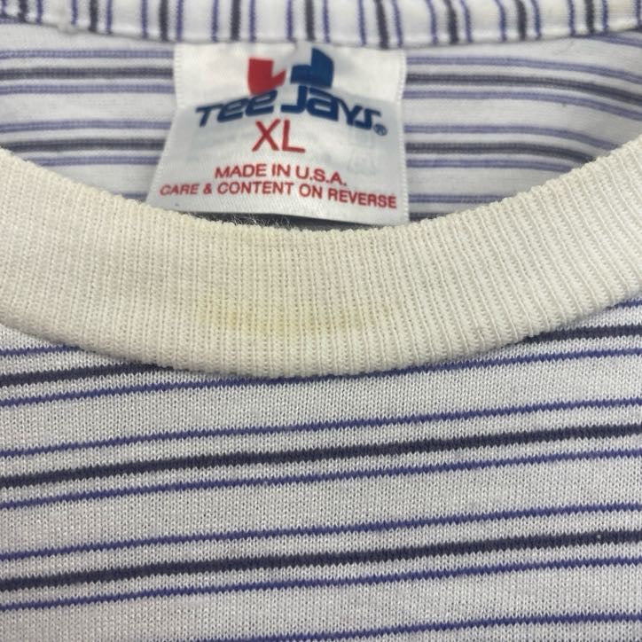 古着 used　半袖プリントTシャツ　シングルステッチ　クルーネック　ヴィンテージ　レトロ　ボーダー　青　ブルー　XLサイズ