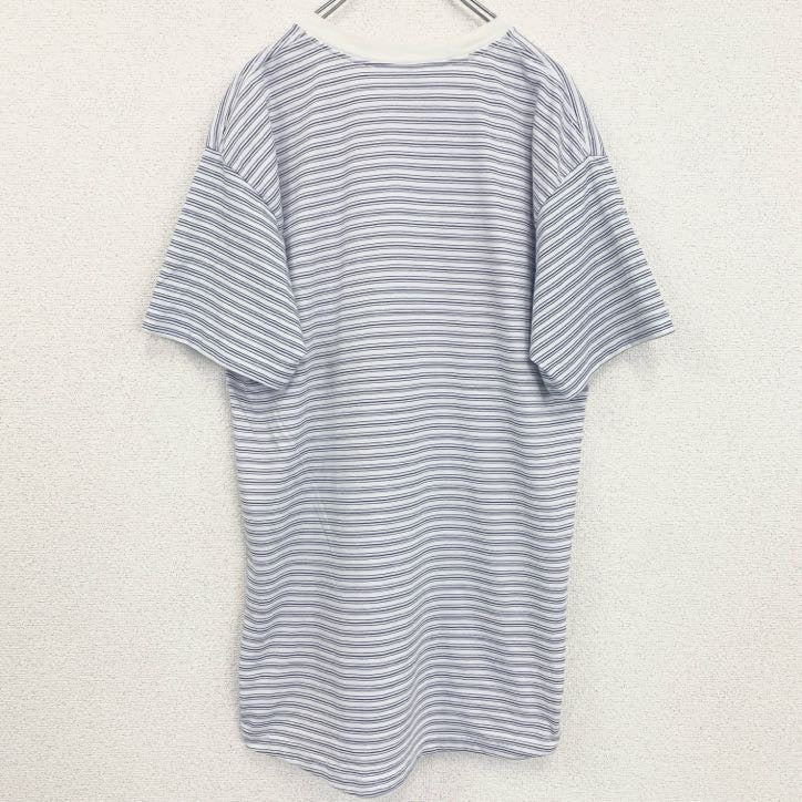 古着 used　半袖プリントTシャツ　シングルステッチ　クルーネック　ヴィンテージ　レトロ　ボーダー　青　ブルー　XLサイズ