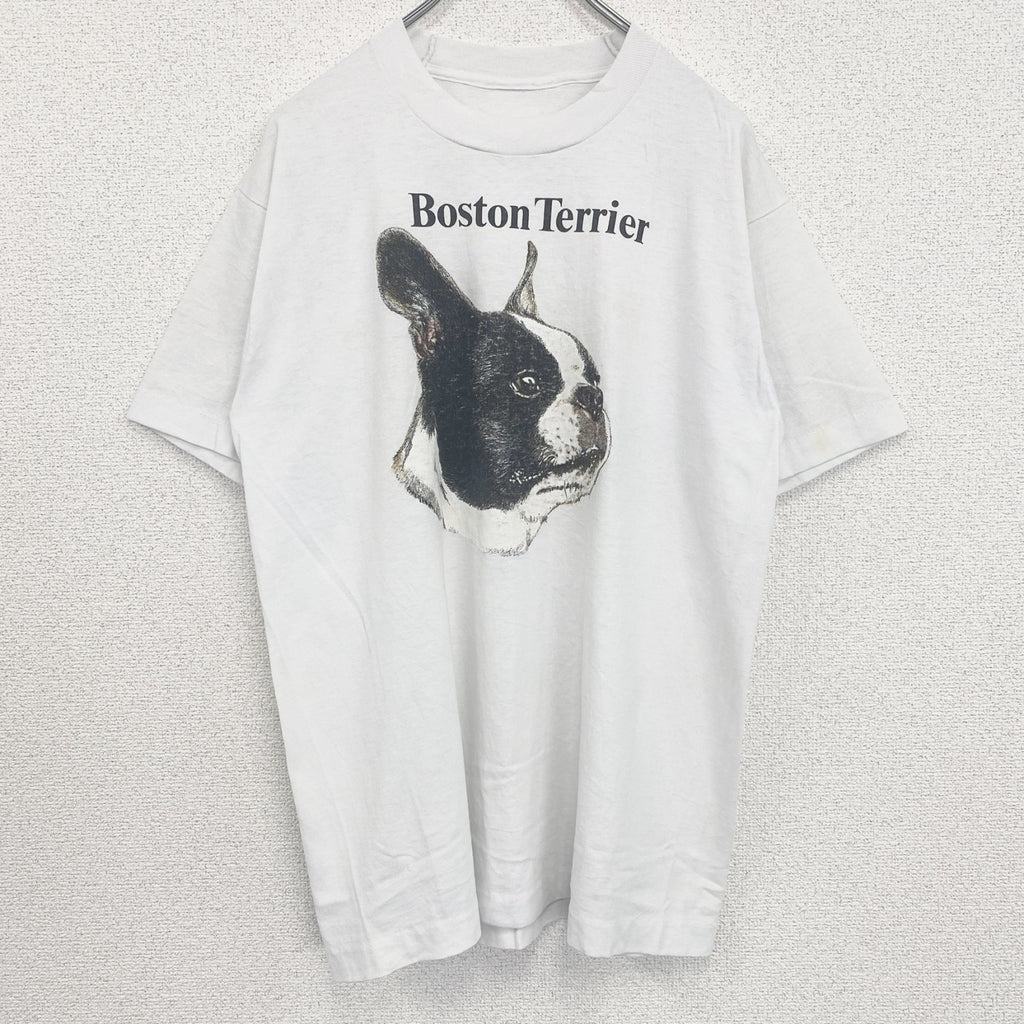 古着 used　半袖アニマルプリントTシャツ　シングルステッチ　クルーネック　ヴィンテージ　犬　ボストンテリア　白　ホワイト