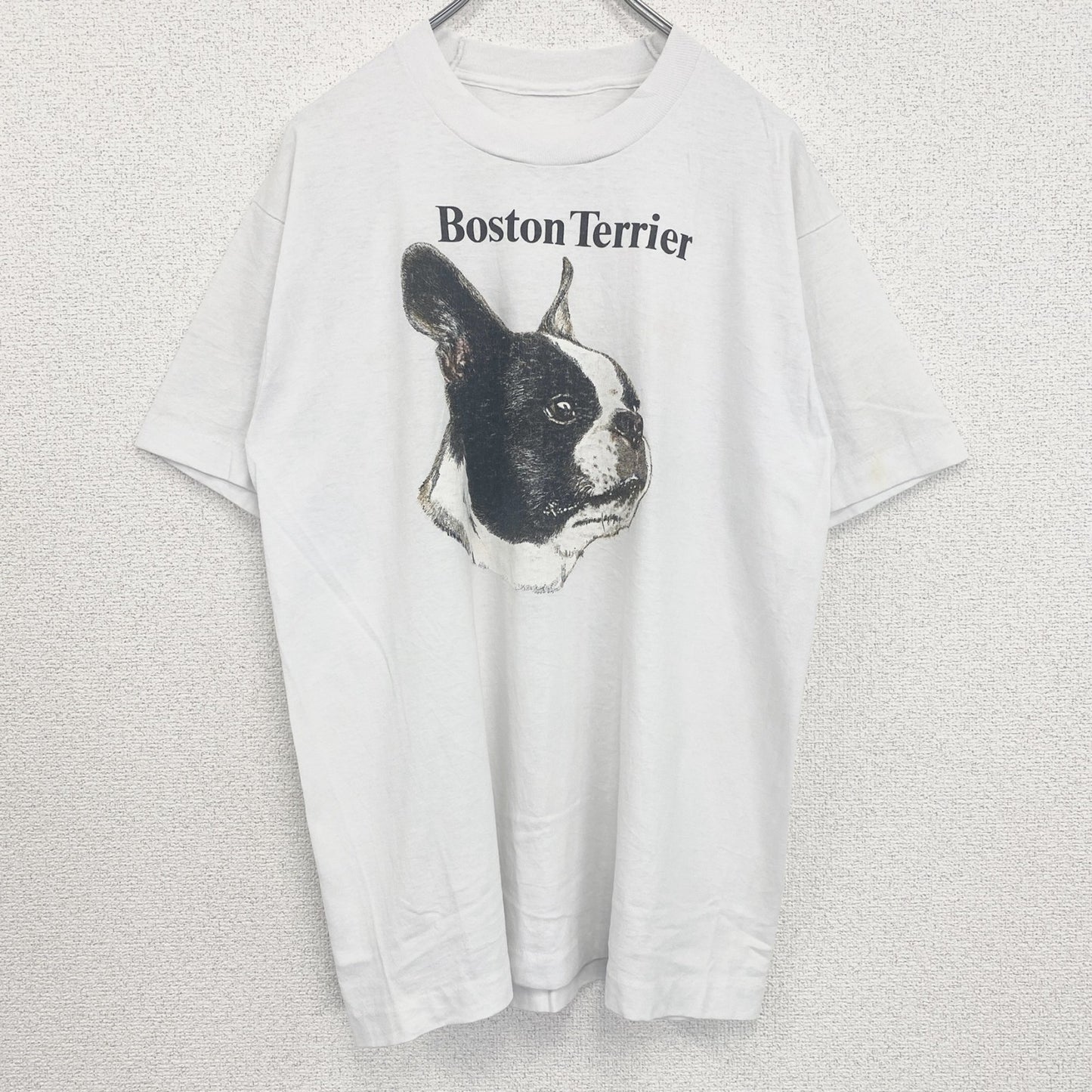 古着 used　半袖アニマルプリントTシャツ　シングルステッチ　クルーネック　ヴィンテージ　犬　ボストンテリア　白　ホワイト