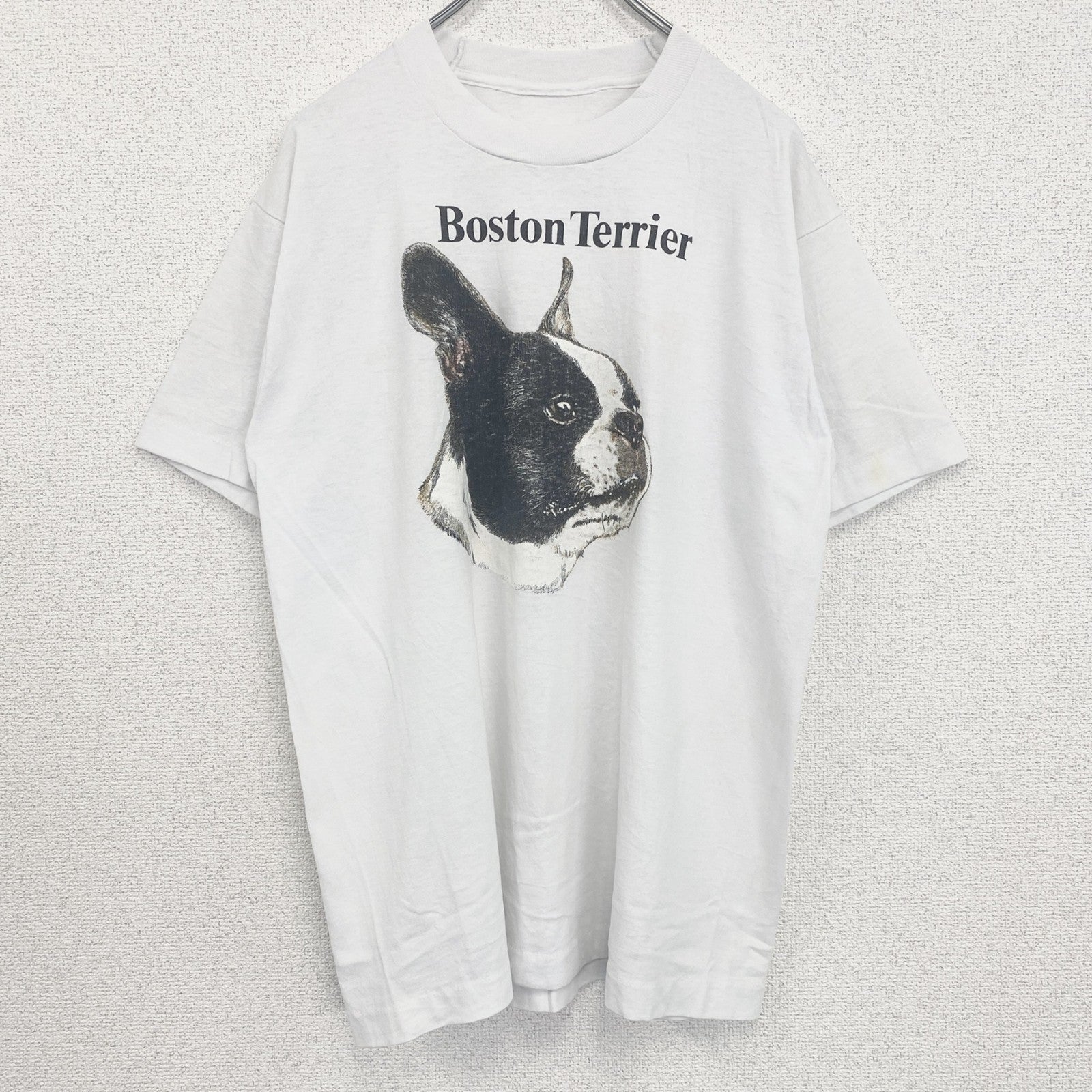 古着 used　半袖アニマルプリントTシャツ　シングルステッチ　クルーネック　ヴィンテージ　犬　ボストンテリア　白　ホワイト