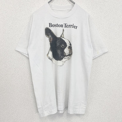 古着 used　半袖アニマルプリントTシャツ　シングルステッチ　クルーネック　ヴィンテージ　犬　ボストンテリア　白　ホワイト