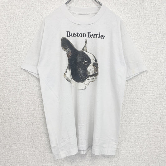 古着 used　半袖アニマルプリントTシャツ　シングルステッチ　クルーネック　ヴィンテージ　犬　ボストンテリア　白　ホワイト