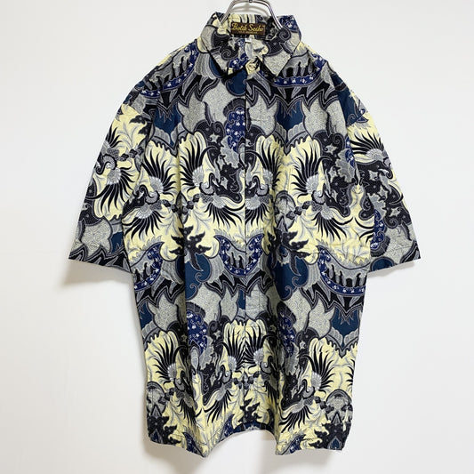 古着 used　BatikSeiko　半袖総柄シャツ　ネイビー　アロハ柄　レトロデザイン　ビッグシルエット　XLサイズ