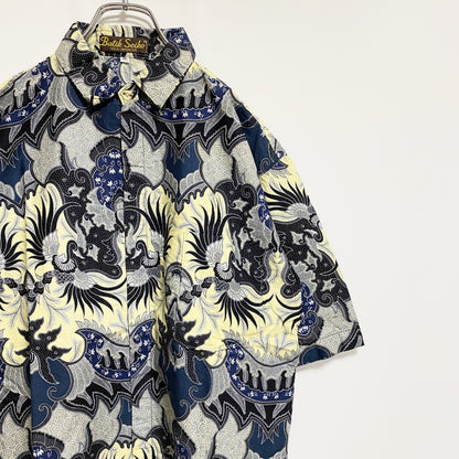 古着 used　BatikSeiko　半袖総柄シャツ　ネイビー　アロハ柄　レトロデザイン　ビッグシルエット　XLサイズ