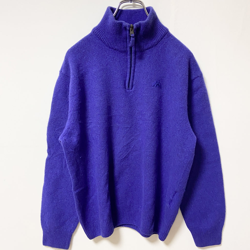 古着 used　Kappa カッパ　長袖ハーフジップニット　セーター　ワンポイントロゴ刺繍　青　ブルー　レトロ　Lサイズ
