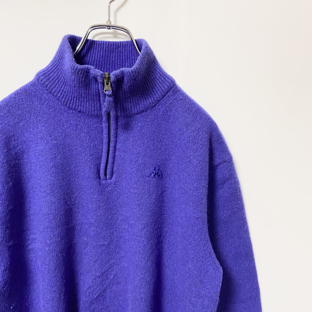 古着 used　Kappa カッパ　長袖ハーフジップニット　セーター　ワンポイントロゴ刺繍　青　ブルー　レトロ　Lサイズ