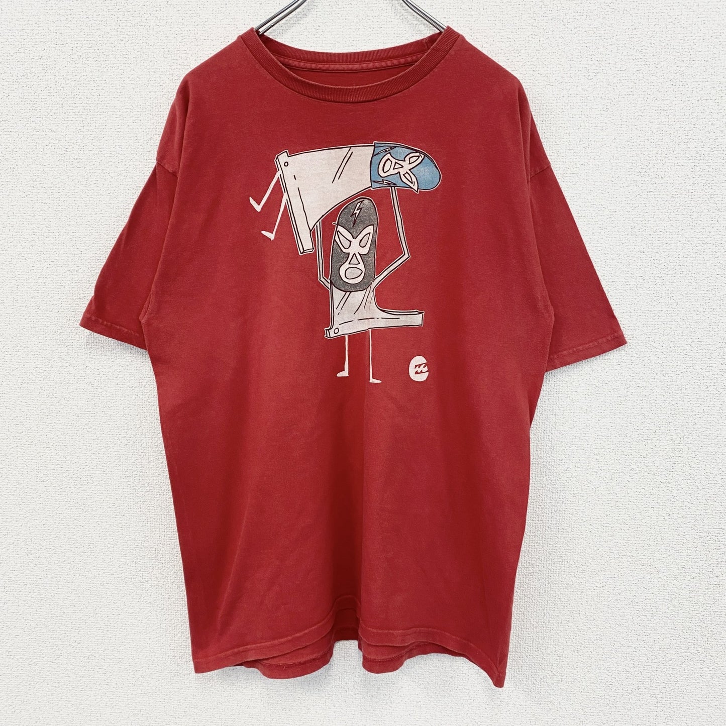 古着 used　BILLA BONG　半袖プリントTシャツ　マスク　プロレス　カジュアル　赤　レッド　クルーネック　Lサイズ