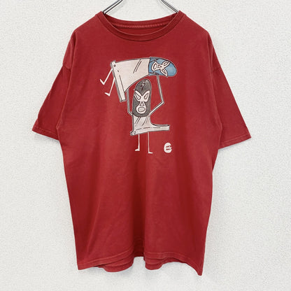 古着 used　BILLA BONG　半袖プリントTシャツ　マスク　プロレス　カジュアル　赤　レッド　クルーネック　Lサイズ
