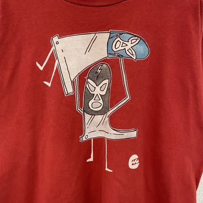 古着 used　BILLA BONG　半袖プリントTシャツ　マスク　プロレス　カジュアル　赤　レッド　クルーネック　Lサイズ