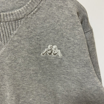 古着 used　Kappa カッパ　長袖Vガゼットニット　セーター　ワンポイントロゴ刺繍　グレー　シンプル　レトロ　Lサイズ