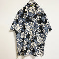 古着 used　RoundyBay　半袖開襟アロハシャツ　オープンカラーシャツ　花柄　総柄　ネイビー　レトロデザイン　Lサイズ