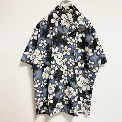 古着 used　RoundyBay　半袖開襟アロハシャツ　オープンカラーシャツ　花柄　総柄　ネイビー　レトロデザイン　Lサイズ
