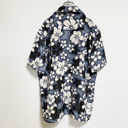 古着 used　RoundyBay　半袖開襟アロハシャツ　オープンカラーシャツ　花柄　総柄　ネイビー　レトロデザイン　Lサイズ