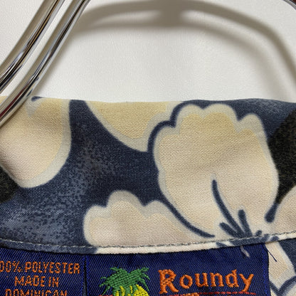 古着 used　RoundyBay　半袖開襟アロハシャツ　オープンカラーシャツ　花柄　総柄　ネイビー　レトロデザイン　Lサイズ
