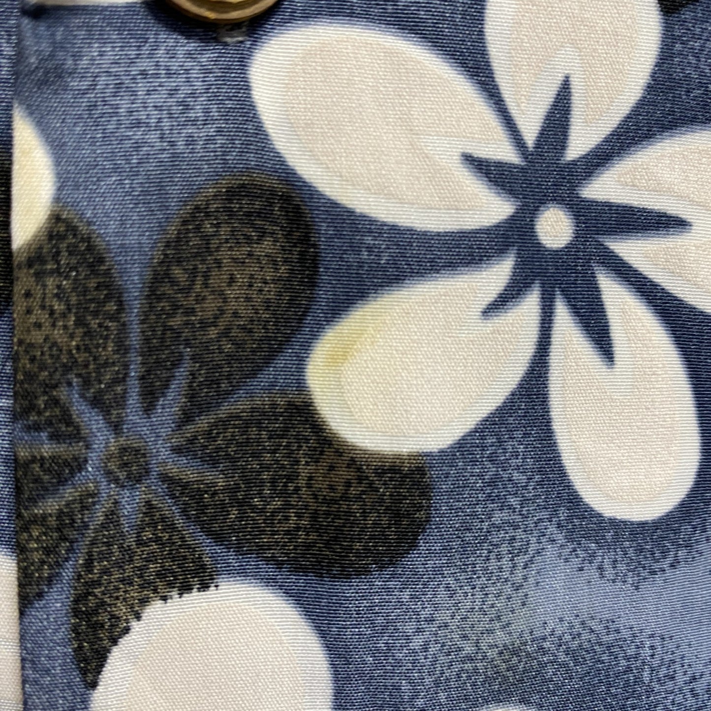古着 used　RoundyBay　半袖開襟アロハシャツ　オープンカラーシャツ　花柄　総柄　ネイビー　レトロデザイン　Lサイズ