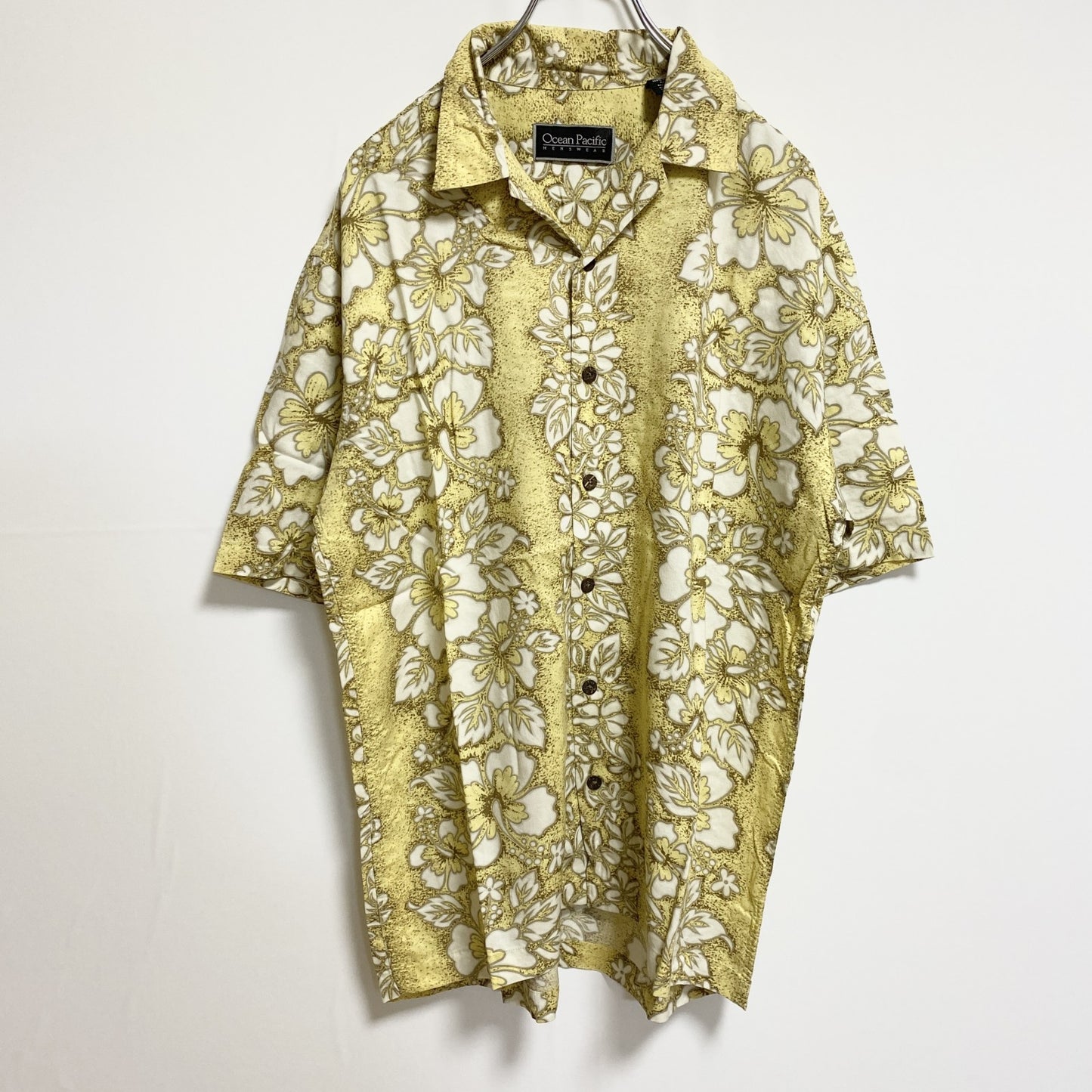 古着 used　OceanPacific　オーシャンパシフィック　半袖開襟アロハシャツ　花柄　黄色　レトロデザイン　Mサイズ