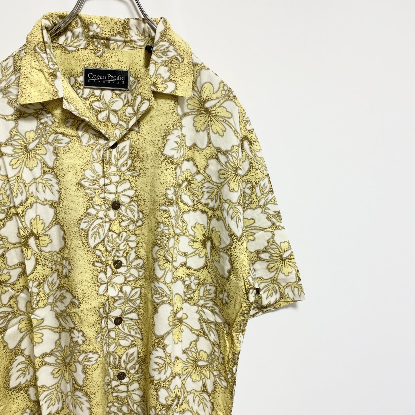 古着 used　OceanPacific　オーシャンパシフィック　半袖開襟アロハシャツ　花柄　黄色　レトロデザイン　Mサイズ